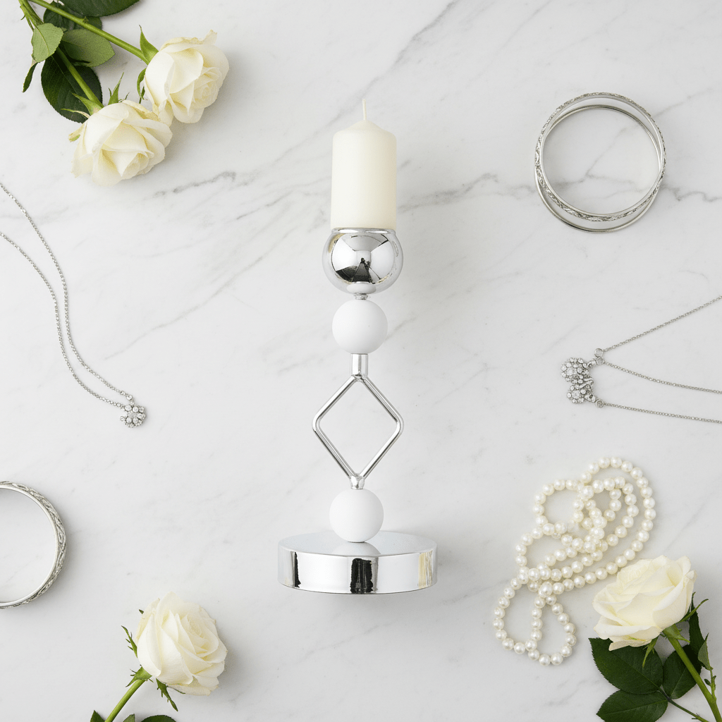 Silver & White Metal Decorative Candle Holder for Living Room Decoration – 19cm - Al Kabayel Discount CentreSilver & White Metal Decorative Candle Holder for Living Room Decoration – 19cmHome Décor AccentsAKDCAl Kabayel Discount Centre