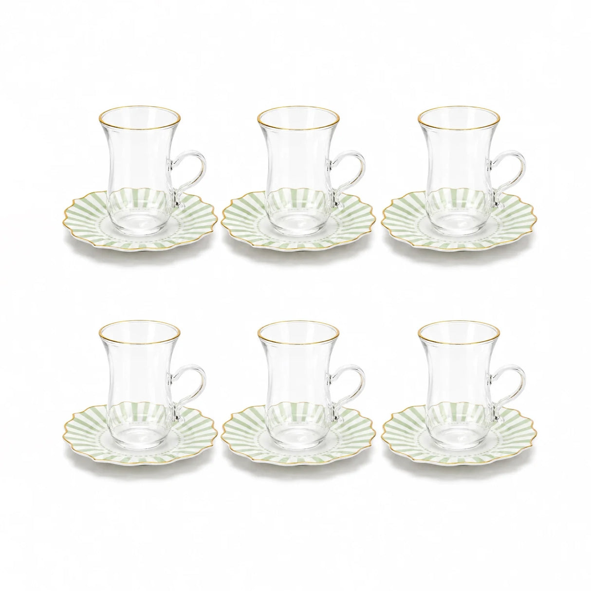 ABL GP-120 Sketan Tea Cup & Saucer Set – 12 Pieces – Clear Glass Cups with Gold Rim & Green Stripe Porcelain Saucers