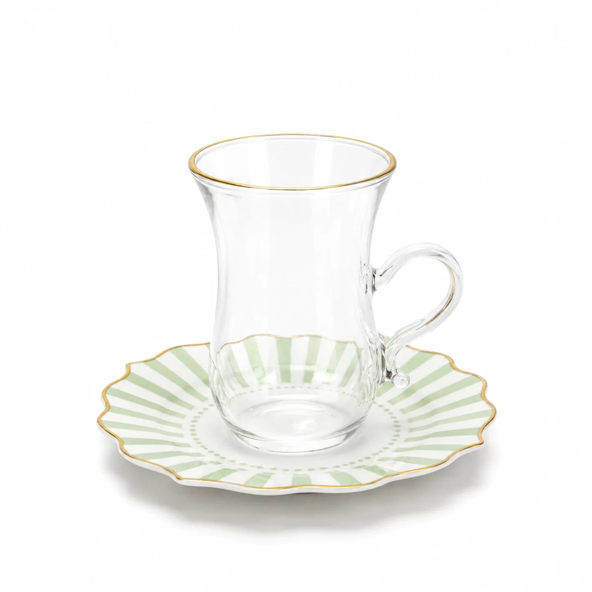 ABL GP-120 Sketan Tea Cup & Saucer Set – 12 Pieces – Clear Glass Cups with Gold Rim & Green Stripe Porcelain Saucers
