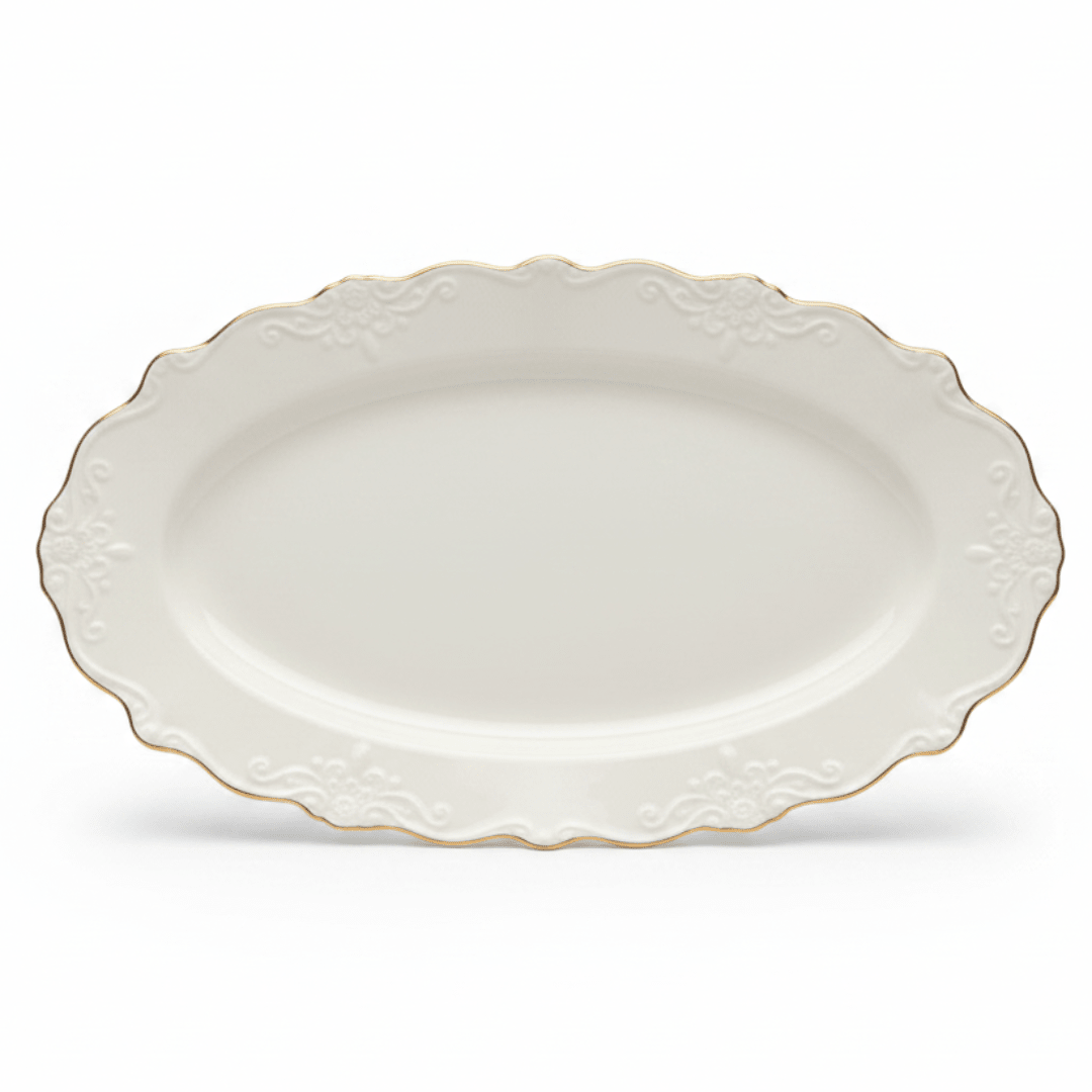 Solecasa Off - White Oval Ceramic Serving Plate with Gold Rim - 35 x 25 cm - Al Kabayel Discount CentreSolecasa Off - White Oval Ceramic Serving Plate with Gold Rim - 35 x 25 cmPlatesSOLECASAAl Kabayel Discount Centre