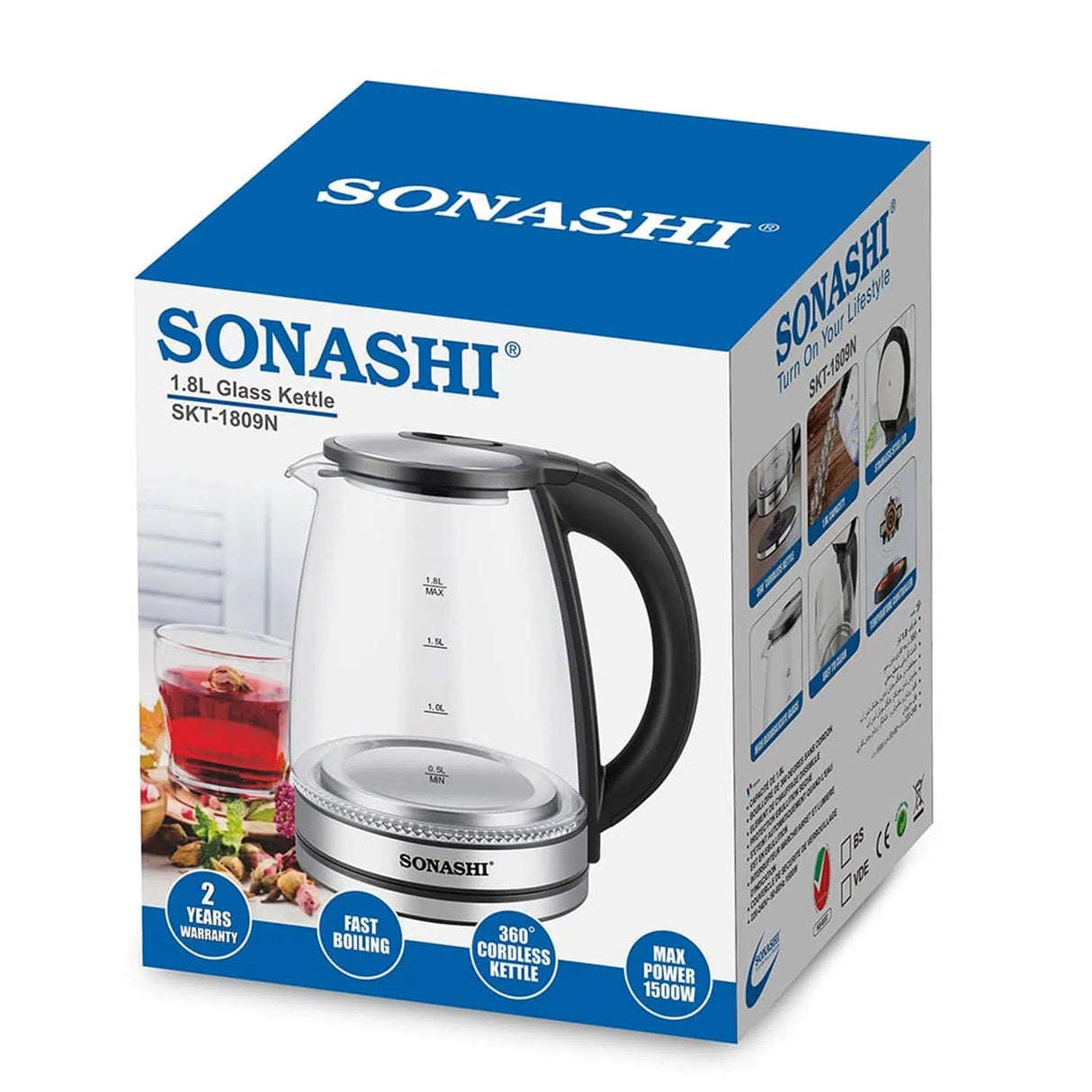 Sonashi 1.8 L Cordless Kettle SKT - 1809 - Glass Kettle w/Safety Lock Lid, 360 - degree Swivel Base, Auto Shutdown, Power On/Off Indicator Light - Al Kabayel Discount CentreSonashi 1.8 L Cordless Kettle SKT - 1809 - Glass Kettle w/Safety Lock Lid, 360 - degree Swivel Base, Auto Shutdown, Power On/Off Indicator LightElectric KettlesSONASHIAl Kabayel Discount Centre