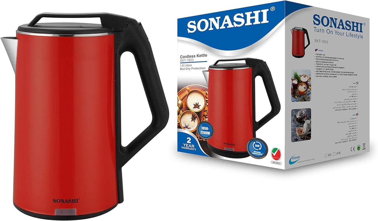 Sonashi 1.8 Liter Stainless Steel Cordless Kettle Red - SKT - 1803 - Al Kabayel Discount CentreSonashi 1.8 Liter Stainless Steel Cordless Kettle Red - SKT - 1803Electric KettlesSONASHIAl Kabayel Discount Centre