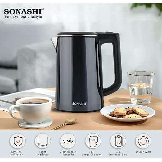 Sonashi 1.8 Litres Stainless Steel Cordless Kettle, with Auto Shut - Off and Fast Boiling, LED indicator, Small Electric Kettle for Tea, Coffee SKT - 1810 - Al Kabayel Dicount CenterSonashi 1.8 Litres Stainless Steel Cordless Kettle, with Auto Shut - Off and Fast Boiling, LED indicator, Small Electric Kettle for Tea, Coffee SKT - 1810Electric KettlesSONASHIAl Kabayel Dicount Center