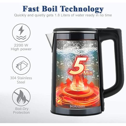 Sonashi 1.8 Litres Stainless Steel Cordless Kettle, with Auto Shut - Off and Fast Boiling, LED indicator, Small Electric Kettle for Tea, Coffee SKT - 1810 - Al Kabayel Dicount CenterSonashi 1.8 Litres Stainless Steel Cordless Kettle, with Auto Shut - Off and Fast Boiling, LED indicator, Small Electric Kettle for Tea, Coffee SKT - 1810Electric KettlesSONASHIAl Kabayel Dicount Center