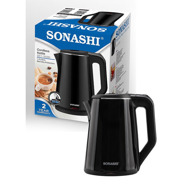 Sonashi 1.8L Cordless Kettle - Stainless Steel Kettle with Double Layer Body, 360 - Degree Swivel Base - Auto Shutdown, Power On/Off Indicator Light Feature, 2200W SKT - 1808N Black - Al Kabayel Discount CentreSonashi 1.8L Cordless Kettle - Stainless Steel Kettle with Double Layer Body, 360 - Degree Swivel Base - Auto Shutdown, Power On/Off Indicator Light Feature, 2200W SKT - 1808N BlackElectric KettlesSONASHIAl Kabayel Discount Centre