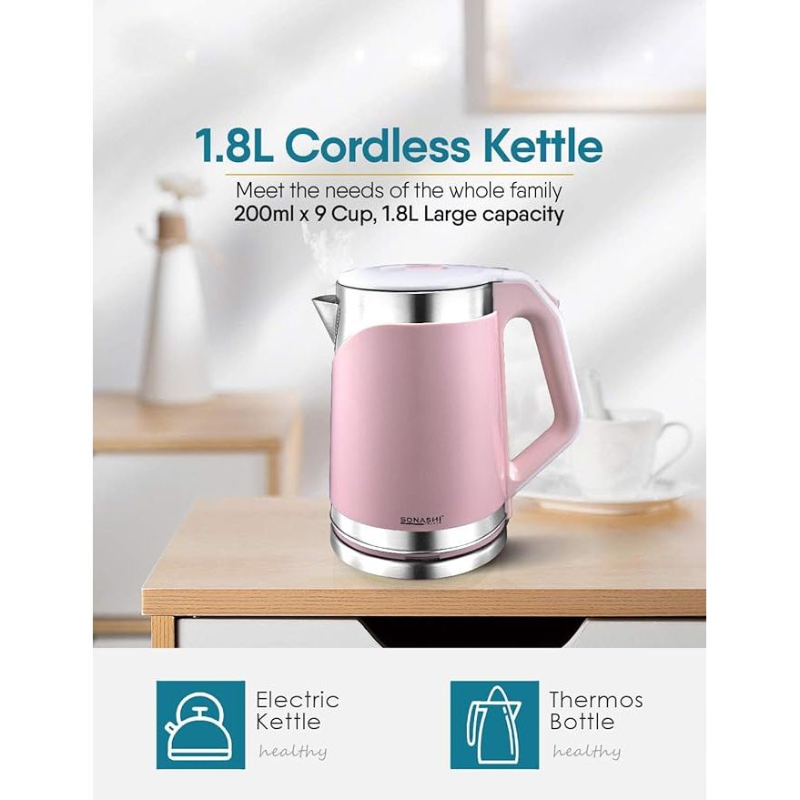 Sonashi 1.8L Stainless Steel Cordless Kettle Pink SKT - 1808 - Al Kabayel Dicount CenterSonashi 1.8L Stainless Steel Cordless Kettle Pink SKT - 1808Electric KettlesSONASHIAl Kabayel Dicount Center