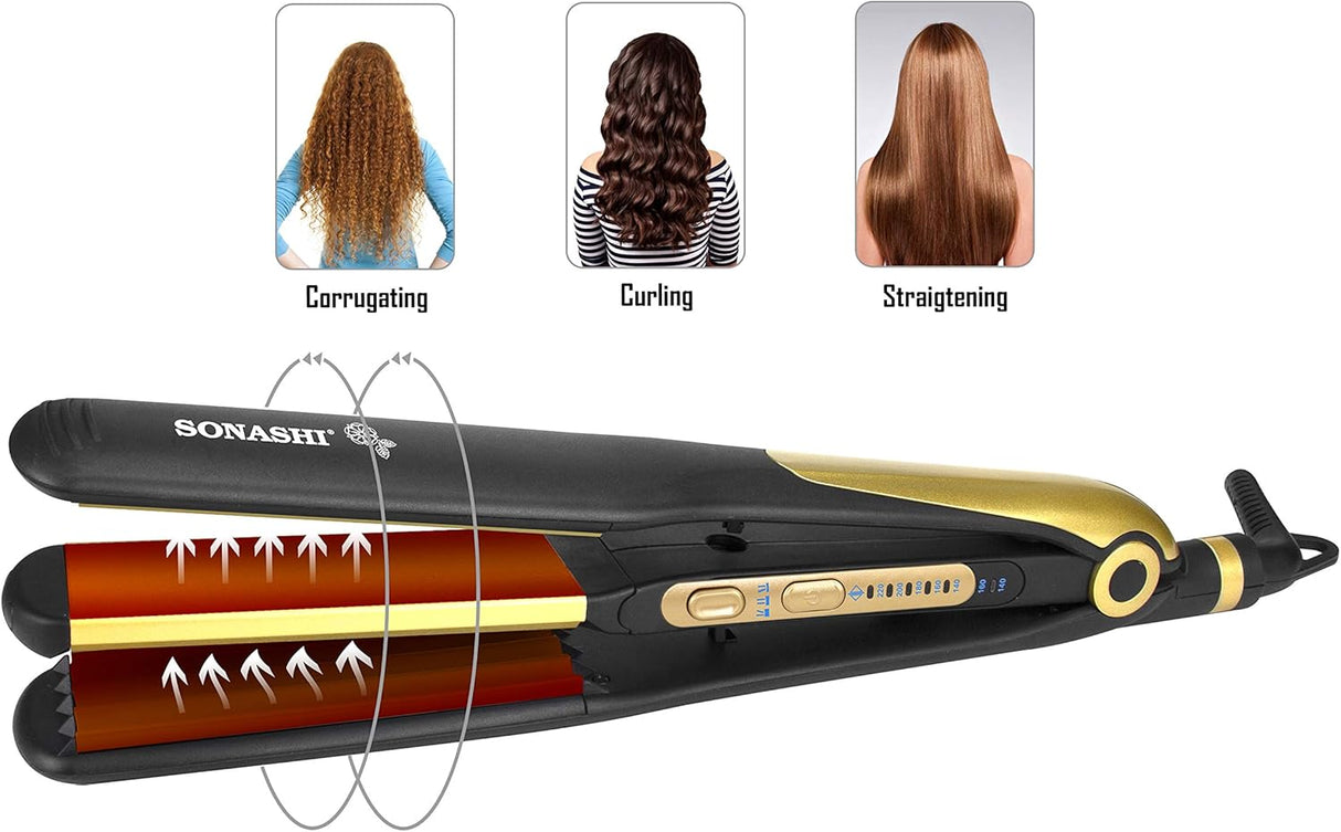 Sonashi 2in1 Hair Straightener & Crimper with Ceramic Coating Plates, Crimper Plate for Creating Waves, Temperature Control & LED Indicator, Versatile Straightening, Hair Iron 70W SHS - 2082 Black/Gold - Al Kabayel Discount CentreSonashi 2in1 Hair Straightener & Crimper with Ceramic Coating Plates, Crimper Plate for Creating Waves, Temperature Control & LED Indicator, Versatile Straightening, Hair Iron 70W SHS - 2082 Black/GoldHair StraightenerSONASHIAl Kabayel Discount Centre
