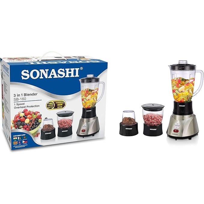 SONASHI 3 in 1 Blender Black SB - 160N Ð 3 Speed, Pulse Control, 500W Countertop Blender Mixer Grinder with Overheating Protection, 1.5L Unbreakable Jar, Chopping Cup, Grinding Cup | Kitchen Appliances - Al Kabayel Dicount CenterSONASHI 3 in 1 Blender Black SB - 160N Ð 3 Speed, Pulse Control, 500W Countertop Blender Mixer Grinder with Overheating Protection, 1.5L Unbreakable Jar, Chopping Cup, Grinding Cup | Kitchen AppliancesCountertop BlendersSONASHIAl Kabayel Dicount Center