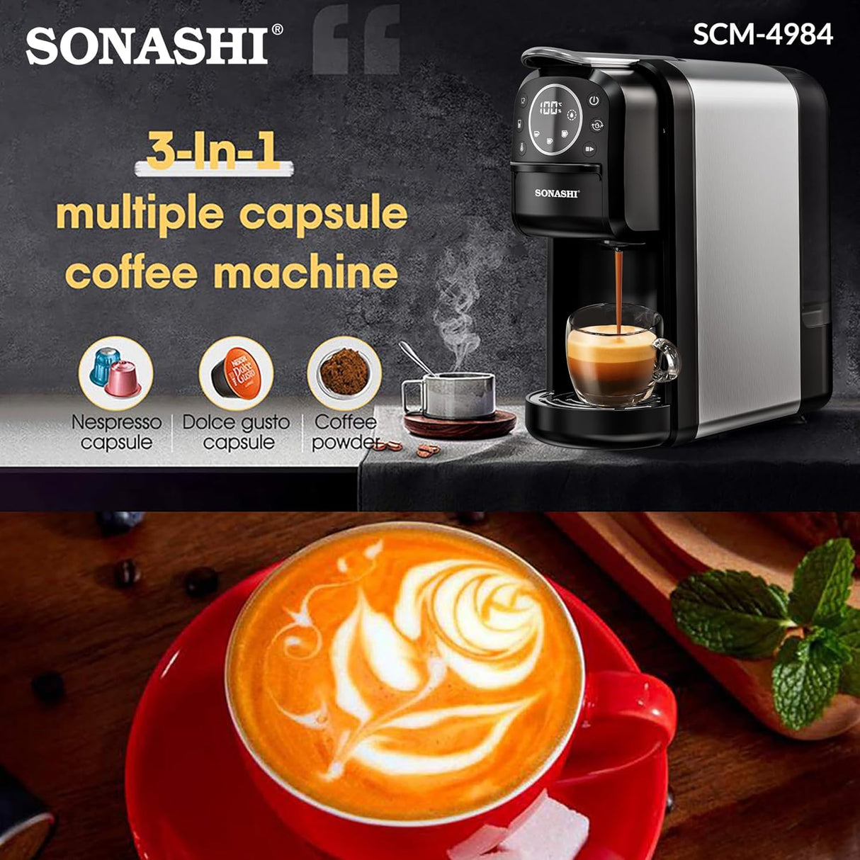 Sonashi 3 in 1 Multi - Capsule Coffee Machine, 1400W Coffee Maker with 700ML Detachable Water Tank, Touch Control Panel, Self - Cleaning Function, SCM - 4984 Black/Grey - Al Kabayel Discount CentreSonashi 3 in 1 Multi - Capsule Coffee Machine, 1400W Coffee Maker with 700ML Detachable Water Tank, Touch Control Panel, Self - Cleaning Function, SCM - 4984 Black/GreyCoffee MakersSONASHIAl Kabayel Discount Centre