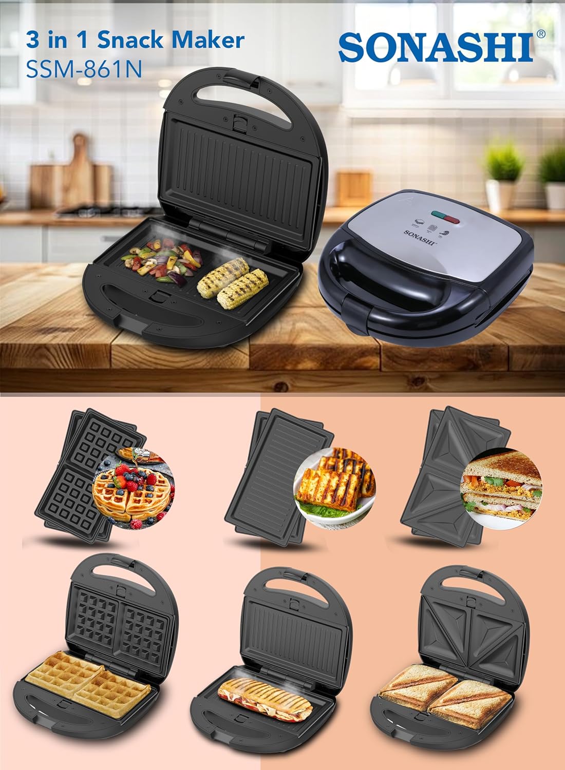 Sonashi 3 - in - 1 Multi Snack Maker SSM - 861 - Detachable Sandwich, Grill, Waffle Making Plates with Bakelite Coating - Al Kabayel Discount CentreSonashi 3 - in - 1 Multi Snack Maker SSM - 861 - Detachable Sandwich, Grill, Waffle Making Plates with Bakelite CoatingSandwich MakersSONASHIAl Kabayel Discount Centre