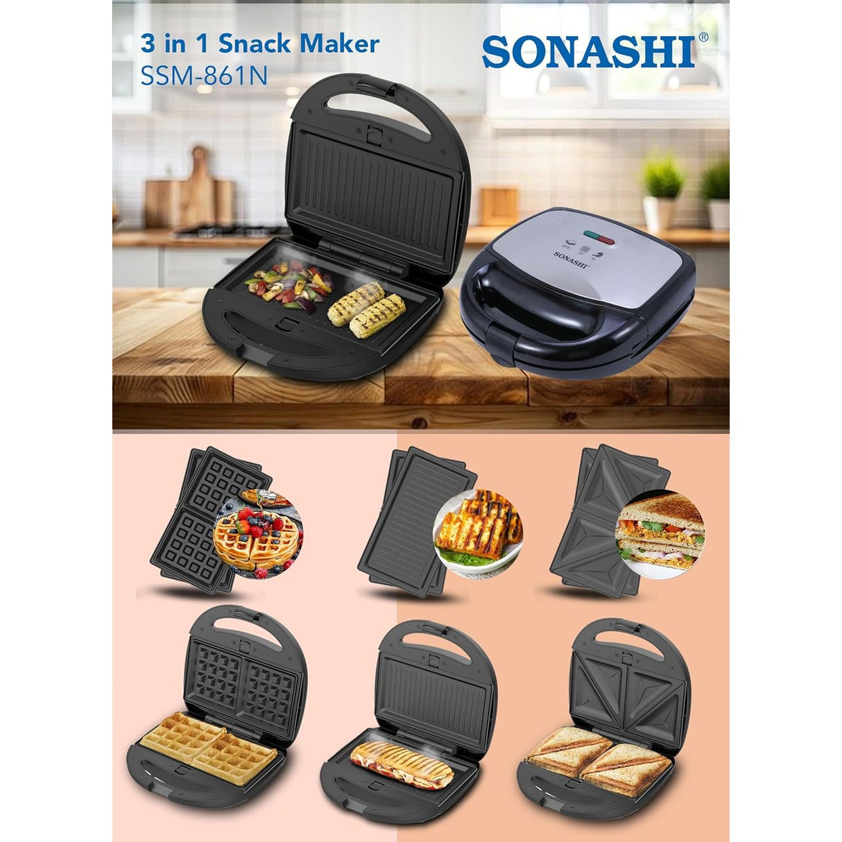 Sonashi 3 - in - 1 Multi Snack Maker SSM - 861 - Detachable Sandwich, Grill, Waffle Making Plates with Bakelite Coating - Al Kabayel Discount CentreSonashi 3 - in - 1 Multi Snack Maker SSM - 861 - Detachable Sandwich, Grill, Waffle Making Plates with Bakelite CoatingSandwich MakersSONASHIAl Kabayel Discount Centre