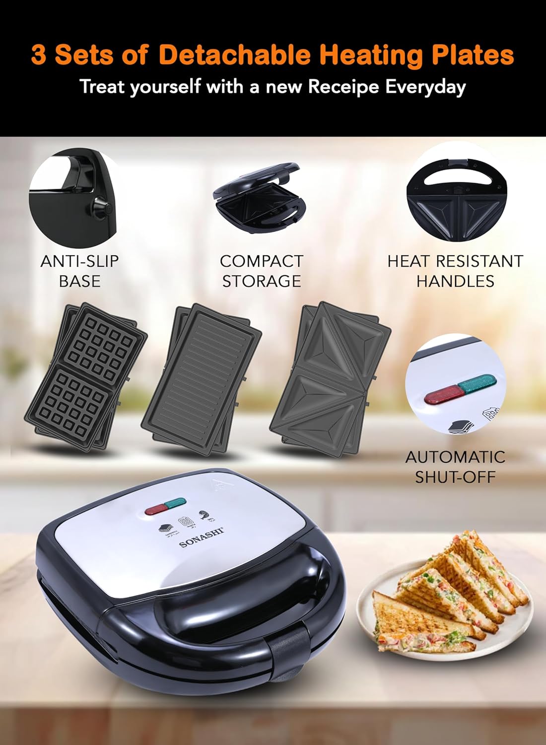 Sonashi 3 - in - 1 Multi Snack Maker SSM - 861 - Detachable Sandwich, Grill, Waffle Making Plates with Bakelite Coating - Al Kabayel Discount CentreSonashi 3 - in - 1 Multi Snack Maker SSM - 861 - Detachable Sandwich, Grill, Waffle Making Plates with Bakelite CoatingSandwich MakersSONASHIAl Kabayel Discount Centre