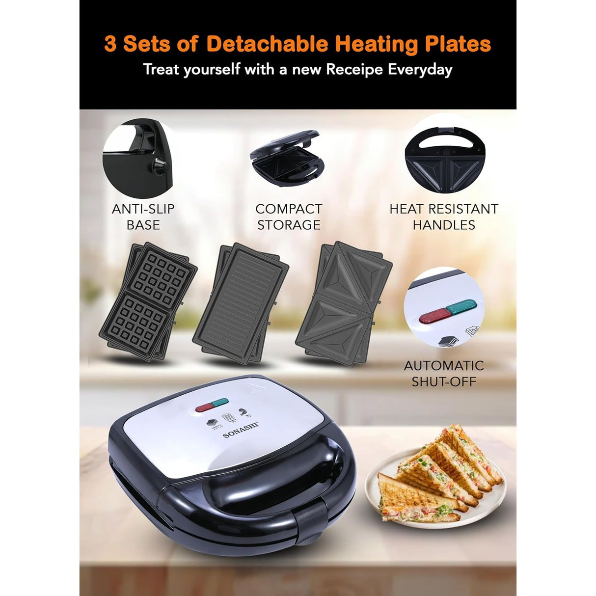 Sonashi 3 - in - 1 Multi Snack Maker SSM - 861 - Detachable Sandwich, Grill, Waffle Making Plates with Bakelite Coating - Al Kabayel Discount CentreSonashi 3 - in - 1 Multi Snack Maker SSM - 861 - Detachable Sandwich, Grill, Waffle Making Plates with Bakelite CoatingSandwich MakersSONASHIAl Kabayel Discount Centre