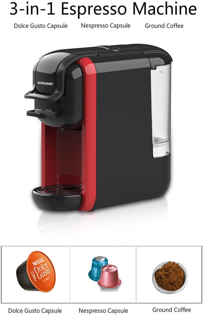 Sonashi 3 in 1 Multifunction Espresso Coffee Machine, 1450W Coffee Maker with 600ML Detachable Water Tank, 3 Optional Adaptors, Auto Shut Off, SCM - 4969 Red - Al Kabayel Discount CentreSonashi 3 in 1 Multifunction Espresso Coffee Machine, 1450W Coffee Maker with 600ML Detachable Water Tank, 3 Optional Adaptors, Auto Shut Off, SCM - 4969 RedCoffee MakersSONASHIAl Kabayel Discount Centre