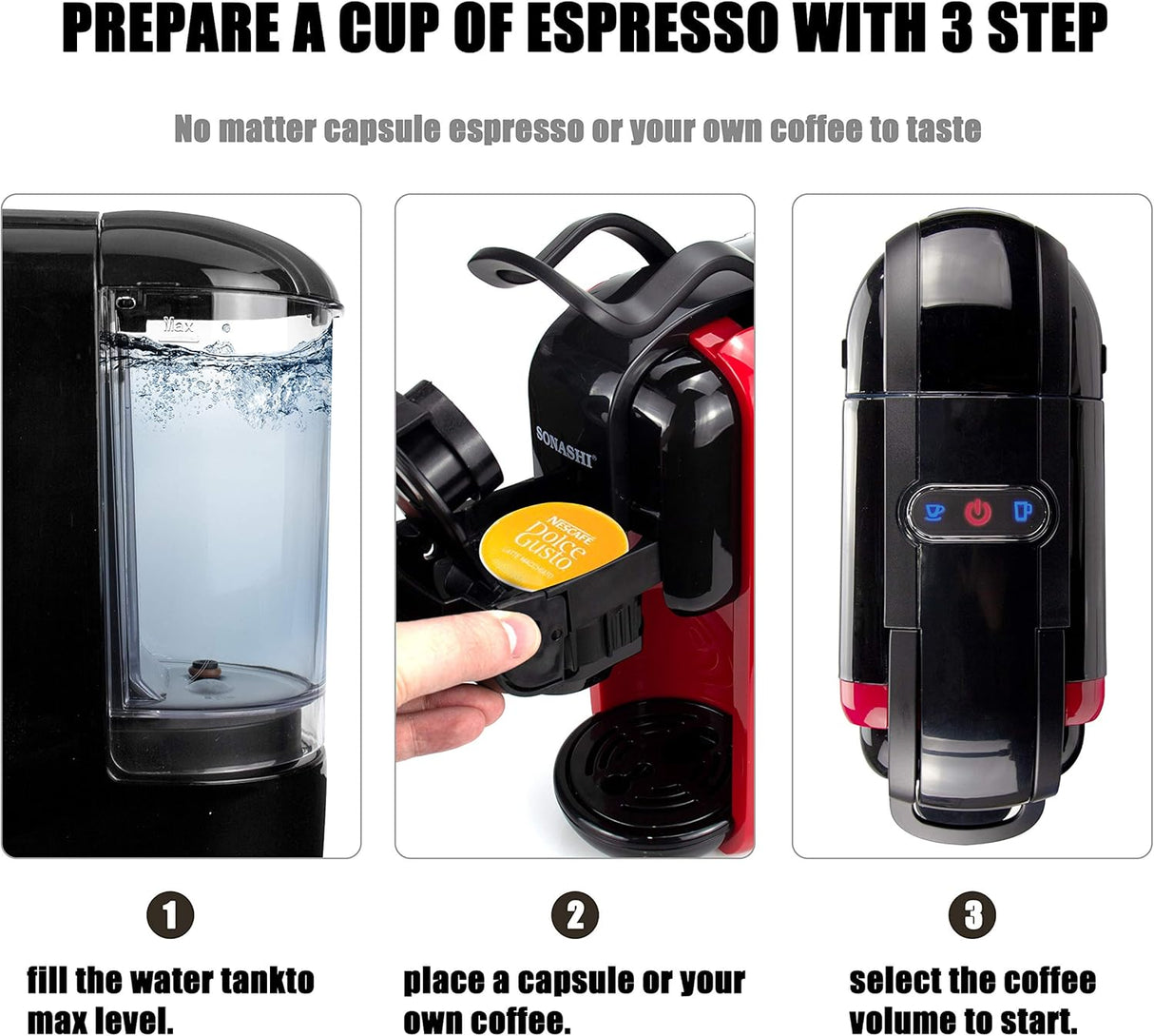 Sonashi 3 in 1 Multifunction Espresso Coffee Machine, 1450W Coffee Maker with 600ML Detachable Water Tank, 3 Optional Adaptors, Auto Shut Off, SCM - 4969 Red - Al Kabayel Discount CentreSonashi 3 in 1 Multifunction Espresso Coffee Machine, 1450W Coffee Maker with 600ML Detachable Water Tank, 3 Optional Adaptors, Auto Shut Off, SCM - 4969 RedCoffee MakersSONASHIAl Kabayel Discount Centre