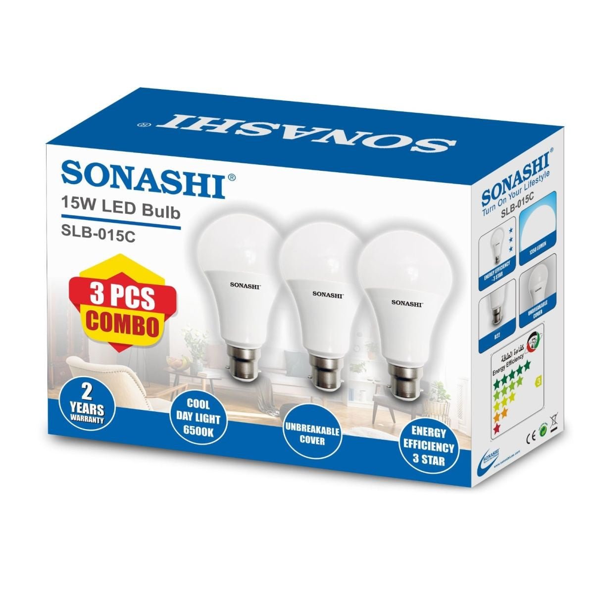 Sonashi 3pcs Combo LED Bulb 15W, 1350 Lumen, Cool Day Light 6500K, SLB - 015C - Al Kabayel Discount CentreSonashi 3pcs Combo LED Bulb 15W, 1350 Lumen, Cool Day Light 6500K, SLB - 015CLight BulbsSONASHIAl Kabayel Discount Centre