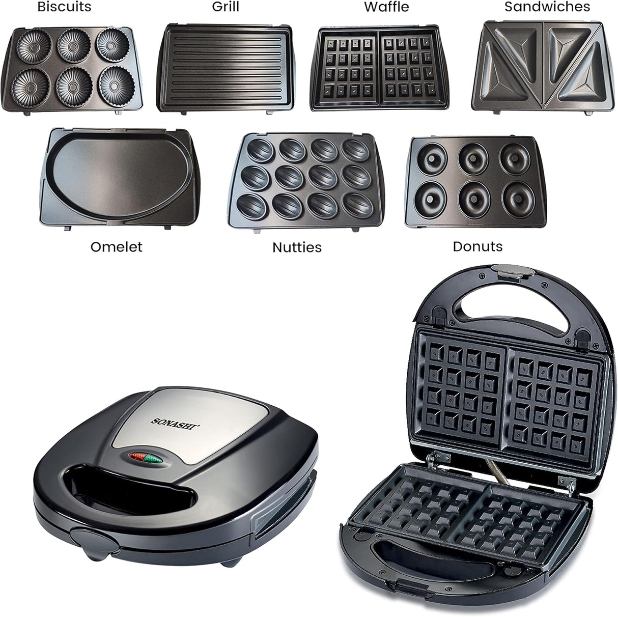 Sonashi 7 - in - 1 Multi Snack Maker SSM - 862 - Detachable Sandwich, Grill, Donut, Waffle, Cupcake, Nutty, Omelet Making Plates - Al Kabayel Discount CentreSonashi 7 - in - 1 Multi Snack Maker SSM - 862 - Detachable Sandwich, Grill, Donut, Waffle, Cupcake, Nutty, Omelet Making PlatesSandwich MakersSONASHIAl Kabayel Discount Centre