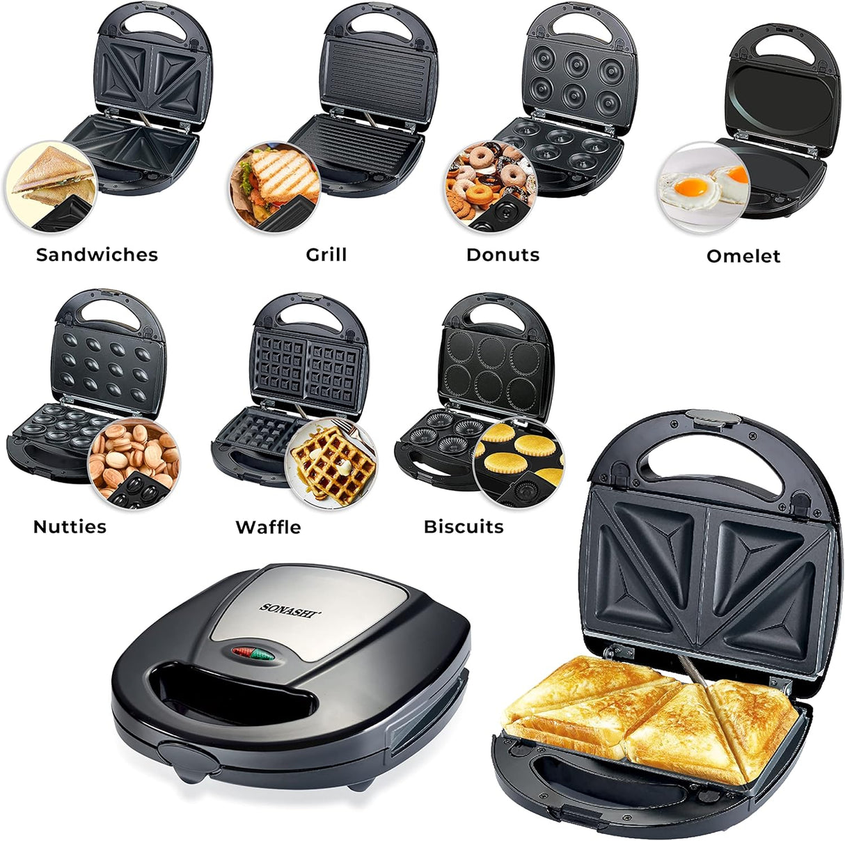 Sonashi 7 - in - 1 Multi Snack Maker SSM - 862 - Detachable Sandwich, Grill, Donut, Waffle, Cupcake, Nutty, Omelet Making Plates - Al Kabayel Discount CentreSonashi 7 - in - 1 Multi Snack Maker SSM - 862 - Detachable Sandwich, Grill, Donut, Waffle, Cupcake, Nutty, Omelet Making PlatesSandwich MakersSONASHIAl Kabayel Discount Centre