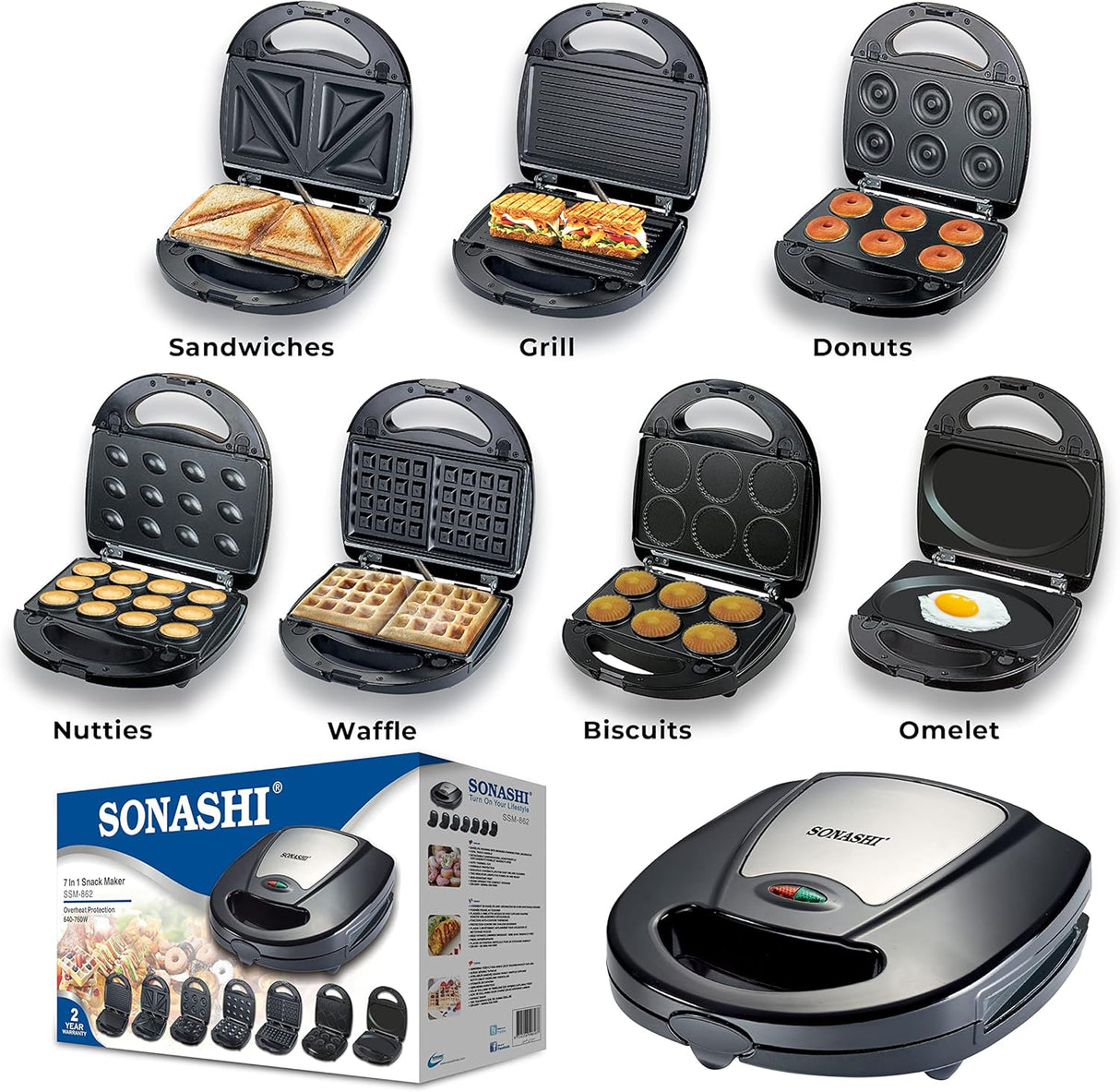 Sonashi 7 - in - 1 Multi Snack Maker SSM - 862 - Detachable Sandwich, Grill, Donut, Waffle, Cupcake, Nutty, Omelet Making Plates - Al Kabayel Discount CentreSonashi 7 - in - 1 Multi Snack Maker SSM - 862 - Detachable Sandwich, Grill, Donut, Waffle, Cupcake, Nutty, Omelet Making PlatesSandwich MakersSONASHIAl Kabayel Discount Centre