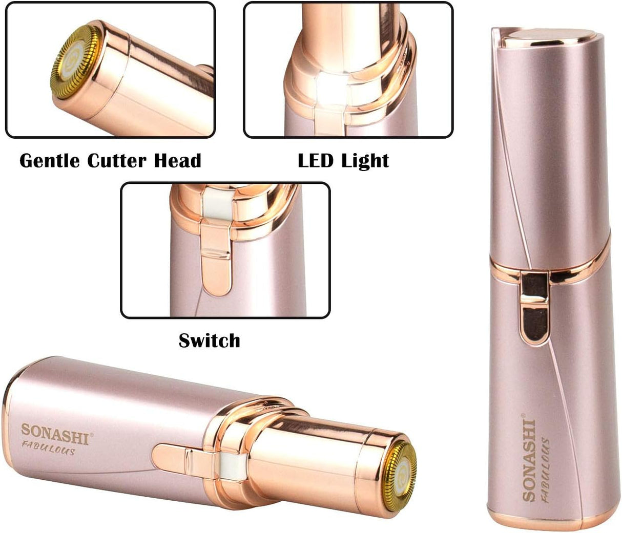 Sonashi Facial Hair Remover Battery Operated Instant And Painless Remover Gold Plated Head With InBuilt LED Light Black Tray And Plastic Hanging Loop SLD - 822 Rose Gold - Al Kabayel Discount CentreSonashi Facial Hair Remover Battery Operated Instant And Painless Remover Gold Plated Head With InBuilt LED Light Black Tray And Plastic Hanging Loop SLD - 822 Rose GoldPersonal Care & Styling ToolsSONASHIAl Kabayel Discount Centre