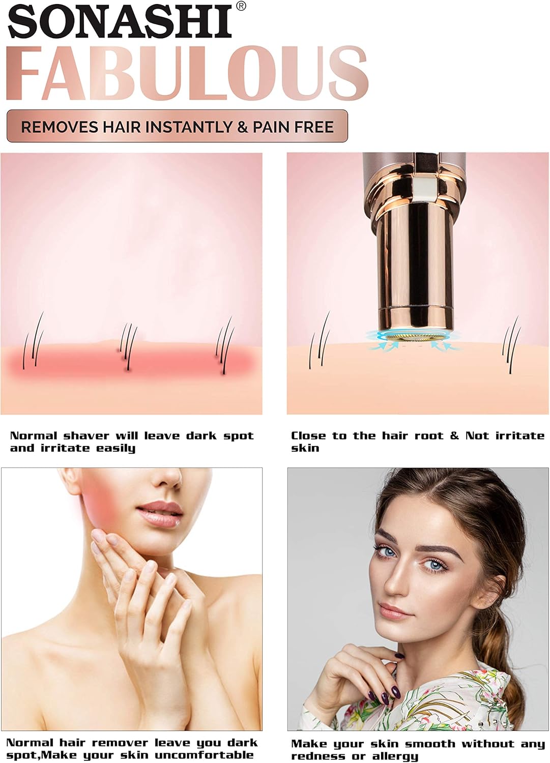 Sonashi Facial Hair Remover Battery Operated Instant And Painless Remover Gold Plated Head With InBuilt LED Light Black Tray And Plastic Hanging Loop SLD - 822 Rose Gold - Al Kabayel Discount CentreSonashi Facial Hair Remover Battery Operated Instant And Painless Remover Gold Plated Head With InBuilt LED Light Black Tray And Plastic Hanging Loop SLD - 822 Rose GoldPersonal Care & Styling ToolsSONASHIAl Kabayel Discount Centre