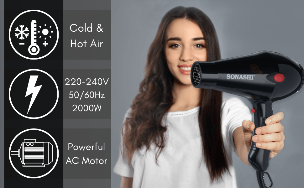 Sonashi Hair Dryer with Diffuser, Cold Hot Wind, 2 Heat and Airflow Settings, With Cool Shot, Diffuser, Nozzle for Fast Drying & Smooth Finish, Lightweight, For All Hair Types, 2000W SHD - 3013 Black - Al Kabayel Discount CentreSonashi Hair Dryer with Diffuser, Cold Hot Wind, 2 Heat and Airflow Settings, With Cool Shot, Diffuser, Nozzle for Fast Drying & Smooth Finish, Lightweight, For All Hair Types, 2000W SHD - 3013 BlackHair DryerSONASHIAl Kabayel Discount Centre