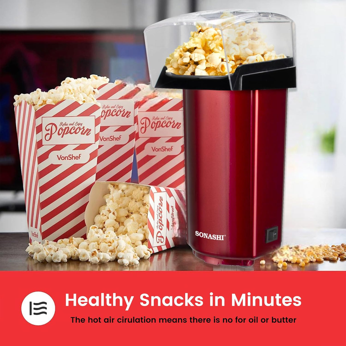 Sonashi Popcorn Maker | Classic Style Machine makes Hot, Fresh, and Fat - Free popcorn anytime - On/Off Switch, Easy To Use with Non - slip Feet | Detachable Cap for easy clean 40 ml 900 W SPCM - 101 Red - Al Kabayel Discount CentreSonashi Popcorn Maker | Classic Style Machine makes Hot, Fresh, and Fat - Free popcorn anytime - On/Off Switch, Easy To Use with Non - slip Feet | Detachable Cap for easy clean 40 ml 900 W SPCM - 101 RedAir FryersSONASHIAl Kabayel Discount Centre