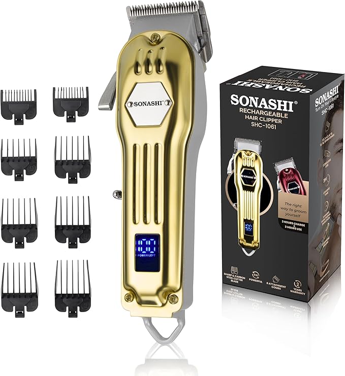 SONASHI Rechargeable Hair Clipper, Sharp & Carbon Steel blade, 8 Comb Attachment,With LED Indicator, Continuous 3 Hour Working Time - SHC - 1061 - Al Kabayel Discount CentreSONASHI Rechargeable Hair Clipper, Sharp & Carbon Steel blade, 8 Comb Attachment,With LED Indicator, Continuous 3 Hour Working Time - SHC - 1061Personal Care & Styling ToolsSONASHIAl Kabayel Discount Centre