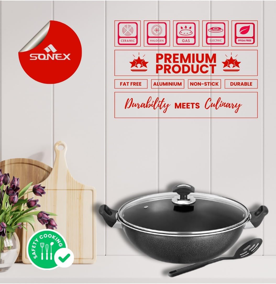 SONEX Non - Stick Cooking Wok Pan with Glass Lid 36cm - Al Kabayel Discount CentreSONEX Non - Stick Cooking Wok Pan with Glass Lid 36cmFrying Pans & SkilletsSONEXAl Kabayel Discount Centre