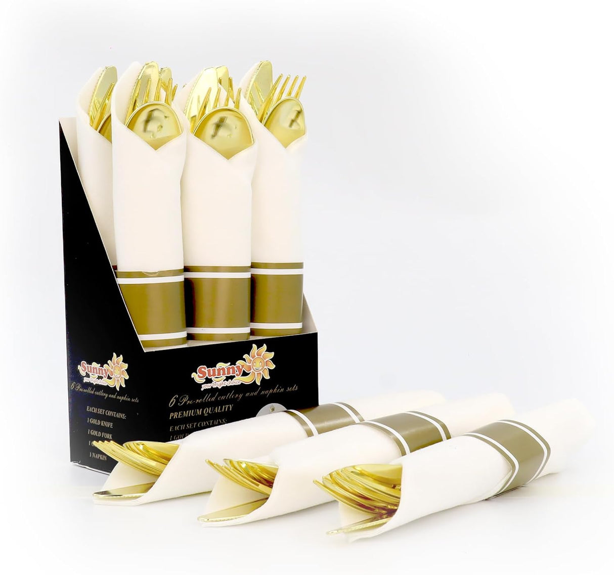Sunny 6pc Plastic Pre - Rolled Cutlery and Napkin Set, Each Set Include - 1pc Knife,1pc Fork,1pc Spoon,1pc Napkin, Gold - Al Kabayel Discount CentreSunny 6pc Plastic Pre - Rolled Cutlery and Napkin Set, Each Set Include - 1pc Knife,1pc Fork,1pc Spoon,1pc Napkin, GoldDisposablesSUNNYAl Kabayel Discount Centre