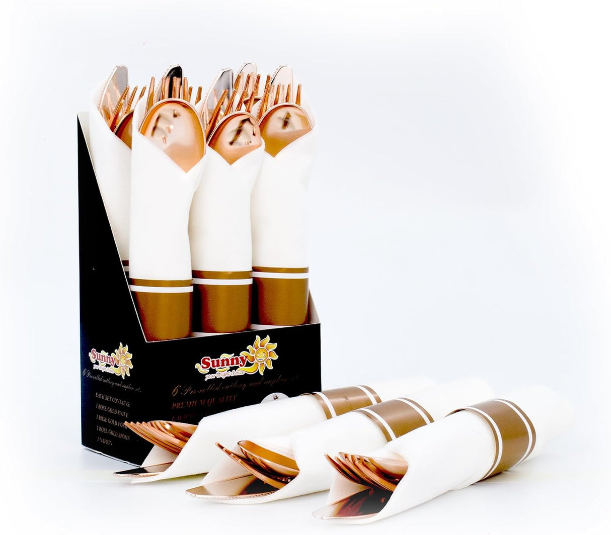 Sunny 6pc Plastic Pre - Rolled Cutlery and Napkin Set, Each Set Include - 1pc Knife,1pc Fork,1pc Spoon,1pc Napkin, Rose Gold - Al Kabayel Discount CentreSunny 6pc Plastic Pre - Rolled Cutlery and Napkin Set, Each Set Include - 1pc Knife,1pc Fork,1pc Spoon,1pc Napkin, Rose GoldDisposablesSUNNYAl Kabayel Discount Centre
