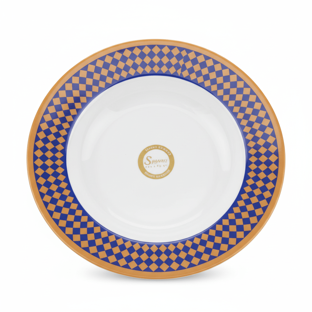 Supreme Round White Melamine Soup Plate with Royal Blue & Golden Checkered Rim Design, Durable Lightweight Tableware for Daily Dining – 8 Inch - Al Kabayel Discount CentreSupreme Round White Melamine Soup Plate with Royal Blue & Golden Checkered Rim Design, Durable Lightweight Tableware for Daily Dining – 8 InchPlatesSUPREMEAl Kabayel Discount Centre