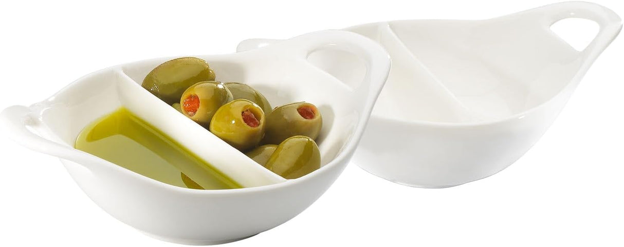 Symphony Handles Divided Dip Bowl Set – 2 White Ceramic Bowls (12.5×15.5 cm) - Al Kabayel Discount CentreSymphony Handles Divided Dip Bowl Set – 2 White Ceramic Bowls (12.5×15.5 cm)BowlsSYMPHONYAl Kabayel Discount Centre