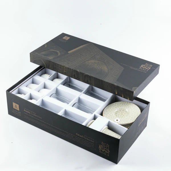 Tea And Arabic Coffee Set 19 pcs From Asalah - Beige + Gold - Al Kabayel Discount CentreTea And Arabic Coffee Set 19 pcs From Asalah - Beige + GoldTea SetsJIWARAl Kabayel Discount Centre