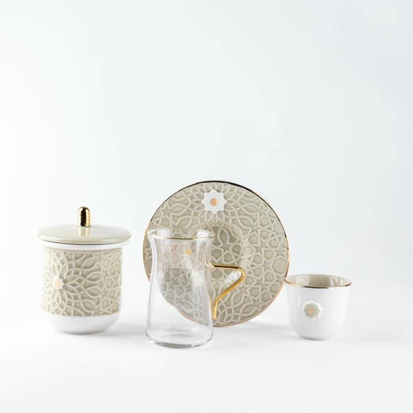 Tea And Arabic Coffee Set 19 pcs From Asalah - Beige + Gold - Al Kabayel Discount CentreTea And Arabic Coffee Set 19 pcs From Asalah - Beige + GoldTea SetsJIWARAl Kabayel Discount Centre