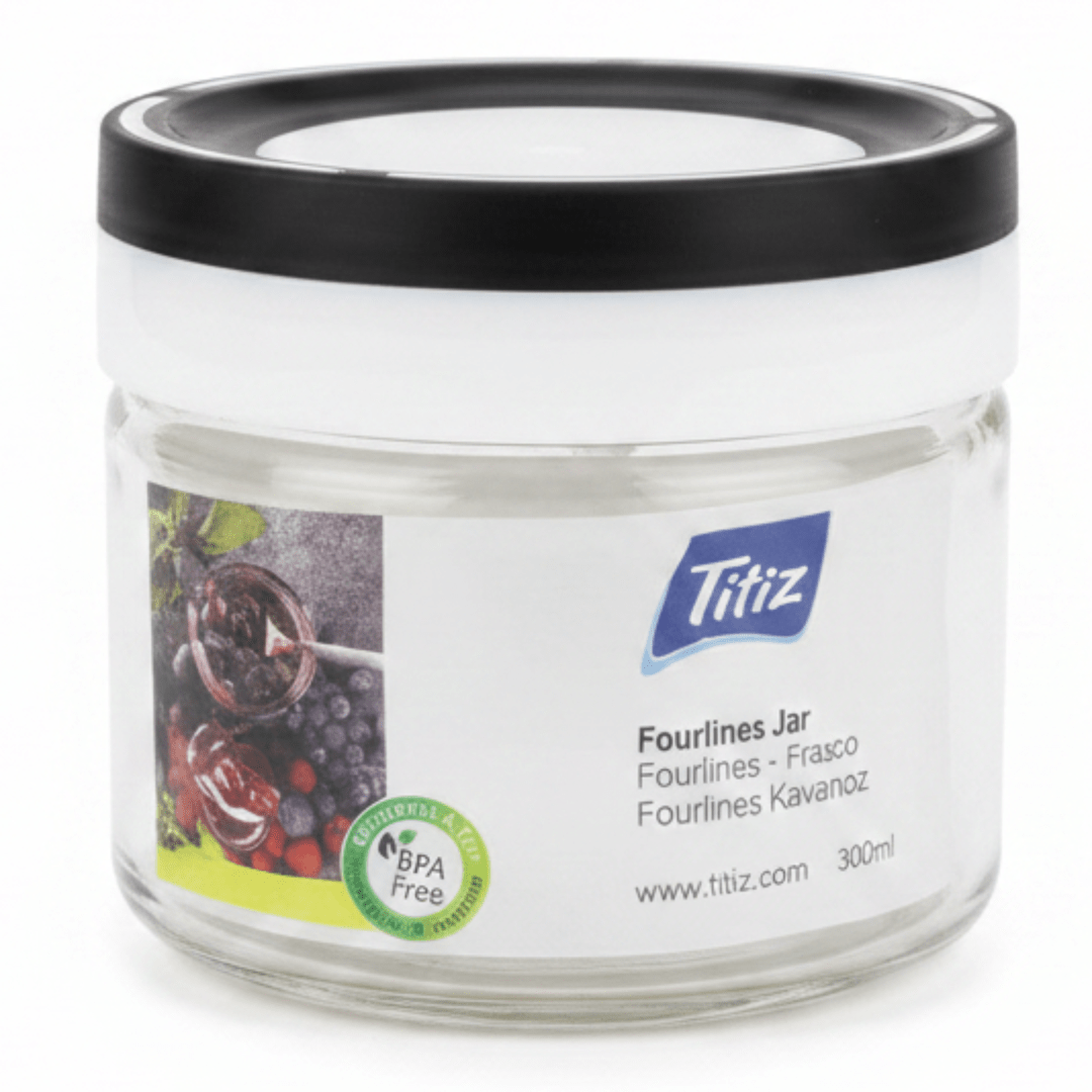 Titiz Fourlines Borosilicate Glass Storage Jar with Non-Spill Airtight Plastic Lid – 300ml | Green / Blue / Red / Black - Al Kabayel Discount CentreTitiz Fourlines Borosilicate Glass Storage Jar with Non-Spill Airtight Plastic Lid – 300ml | Green / Blue / Red / BlackJars & Food SaversTITIZAl Kabayel Discount Centre