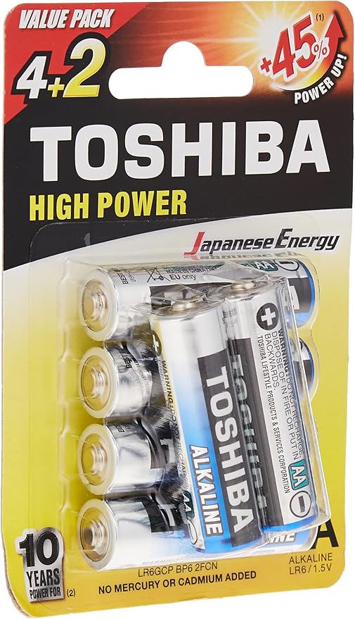 TOSHIBA AA High Power Alkaline Battery 1.5V, Pack of 4+2 - Al Kabayel Discount CentreTOSHIBA AA High Power Alkaline Battery 1.5V, Pack of 4+2BatteriesTOSHIBAAl Kabayel Discount Centre