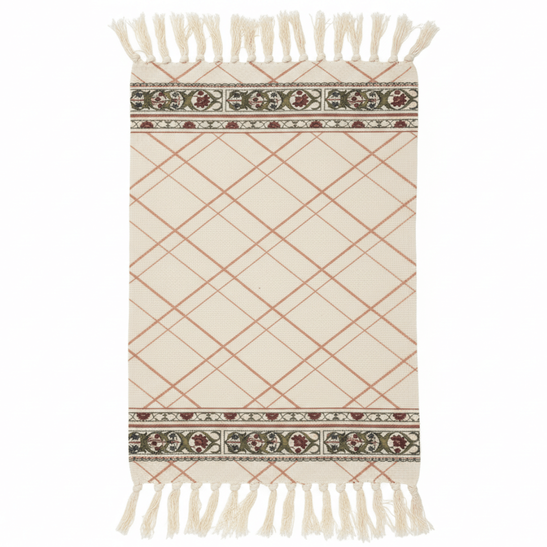 Traditional Diamond Lattice Woven Carpet with Tassel Fringe | 50% Cotton 50% Polyester | Cream Ivory | 60 x 90 cm | Handcrafted Flatweave Rug for Living Room, Bedroom & Majlis - Al Kabayel Discount CentreTraditional Diamond Lattice Woven Carpet with Tassel Fringe | 50% Cotton 50% Polyester | Cream Ivory | 60 x 90 cm | Handcrafted Flatweave Rug for Living Room, Bedroom & MajlisDoormatsAKDCAl Kabayel Discount Centre