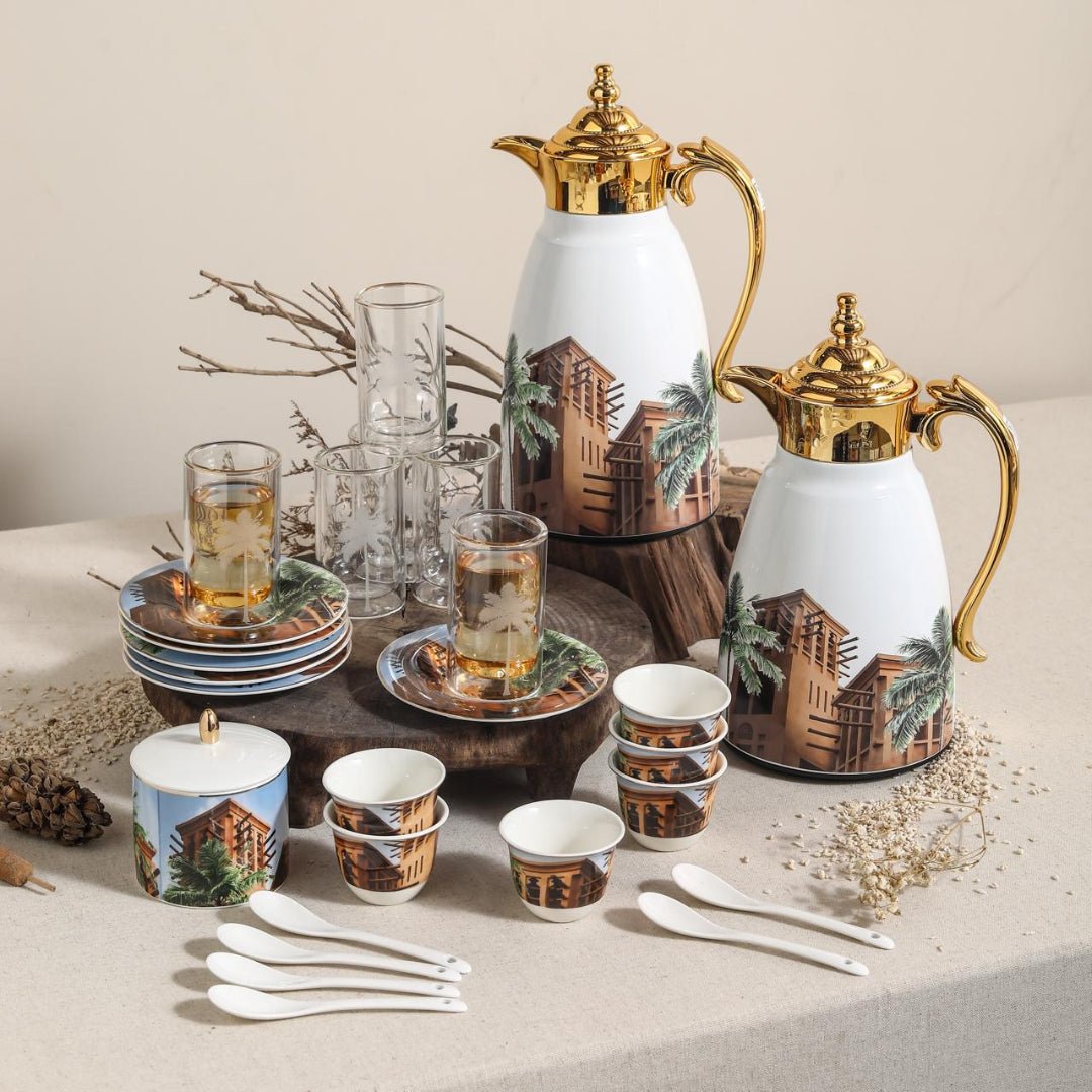 Ugarit White & Gold Arabic Art Inspired 21 - Piece Tea and Coffee Serving Set – Design - Al Kabayel Discount CentreUgarit White & Gold Arabic Art Inspired 21 - Piece Tea and Coffee Serving Set – DesignTea SetsUGARITAl Kabayel Discount Centre