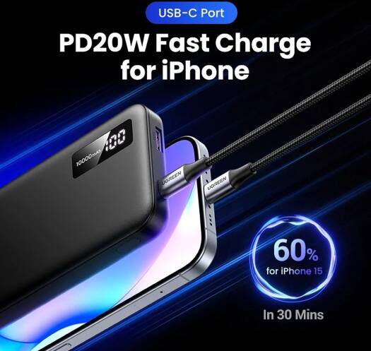 UGREEN 10000mAh Two - Way Fast Charging Power Bank, Polymer Lithium - ion Battery, 20W PD for iOS, 22.5W PD for Android, Black - PB311 - Al Kabayel Discount CentreUGREEN 10000mAh Two - Way Fast Charging Power Bank, Polymer Lithium - ion Battery, 20W PD for iOS, 22.5W PD for Android, Black - PB311Mobile AccessoriesUGREENAl Kabayel Discount Centre