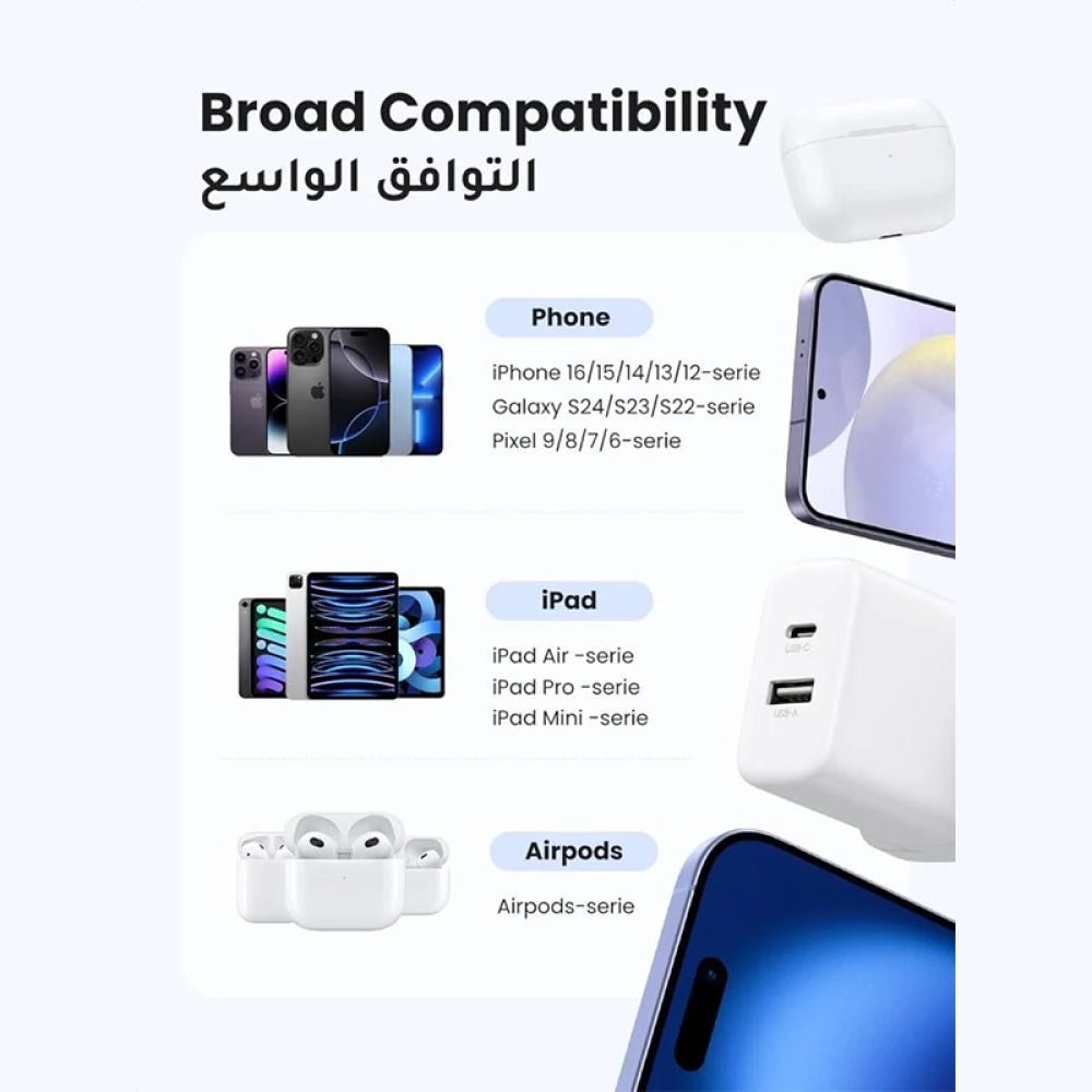 UGREEN 20W 2 - Port Fast Charger(1xUSB - C, 1xUSB - A), Sage Charging, Wide Compatibility, Black - X227 - Al Kabayel Discount CentreUGREEN 20W 2 - Port Fast Charger(1xUSB - C, 1xUSB - A), Sage Charging, Wide Compatibility, Black - X227Cords & AdaptersUGREENAl Kabayel Discount Centre