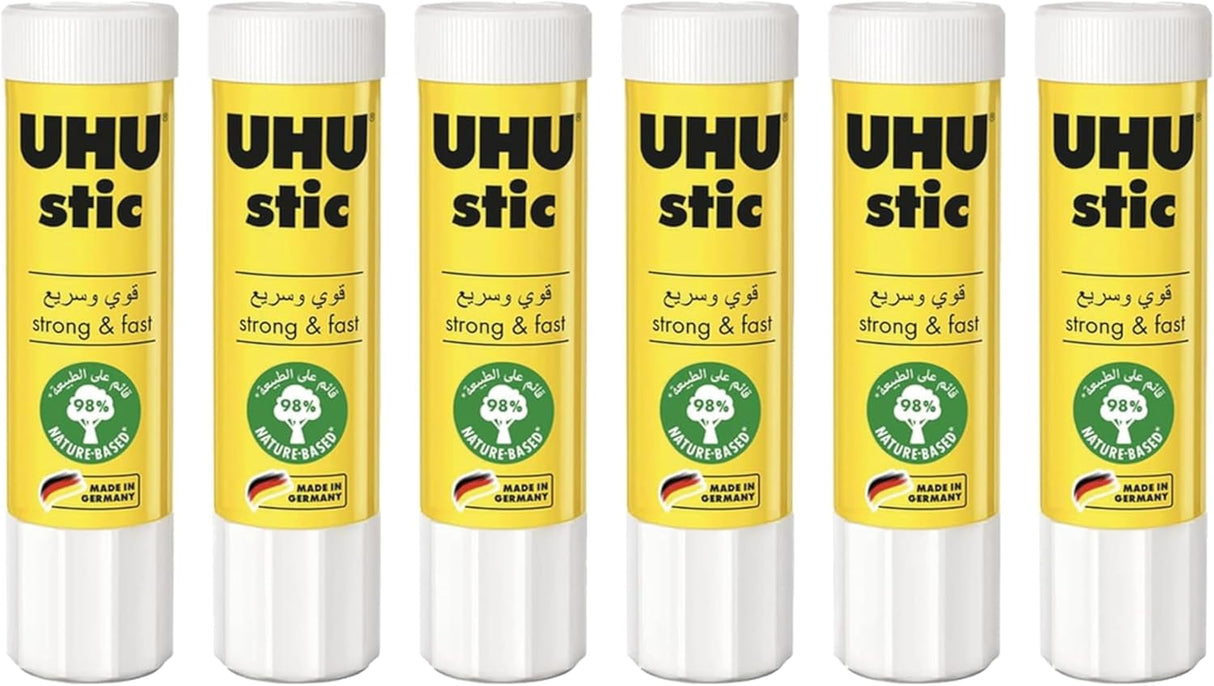UHU stic the proven glue stick, strong, fast, solvent free, clean, safe & sustainable for school, home, office, kids, arts and crafts, 98% natural, now packed in 50% recycled plastic - 21g pack of 6 - Al Kabayel Discount CentreUHU stic the proven glue stick, strong, fast, solvent free, clean, safe & sustainable for school, home, office, kids, arts and crafts, 98% natural, now packed in 50% recycled plastic - 21g pack of 6GlueUHUAl Kabayel Discount Centre