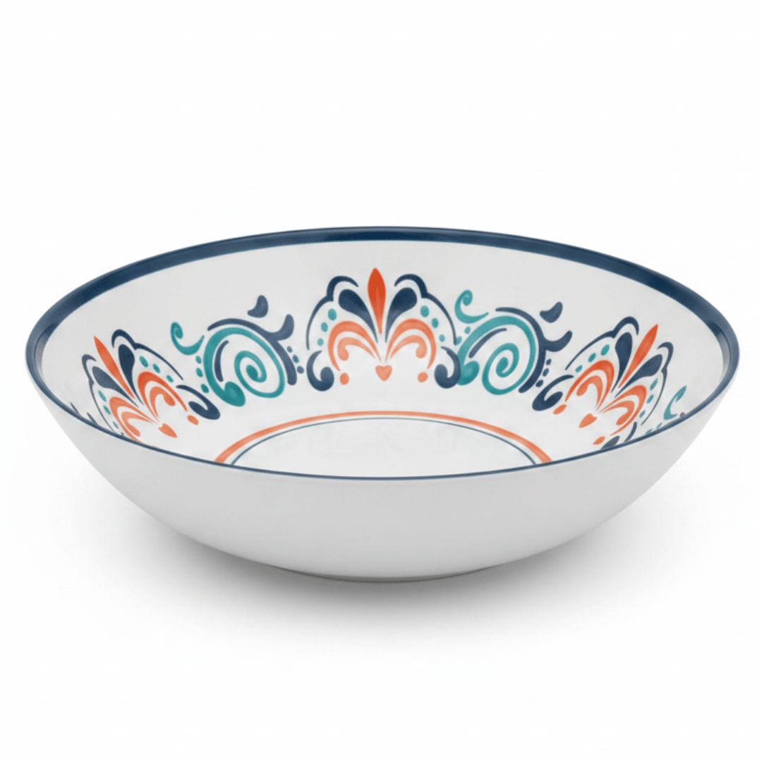 Vague White Melamine Serving Bowl with Navy Blue Arabesque Design & Rim — 11 Inch - Al Kabayel Discount CentreVague White Melamine Serving Bowl with Navy Blue Arabesque Design & Rim — 11 InchBowlsVAGUEAl Kabayel Discount Centre