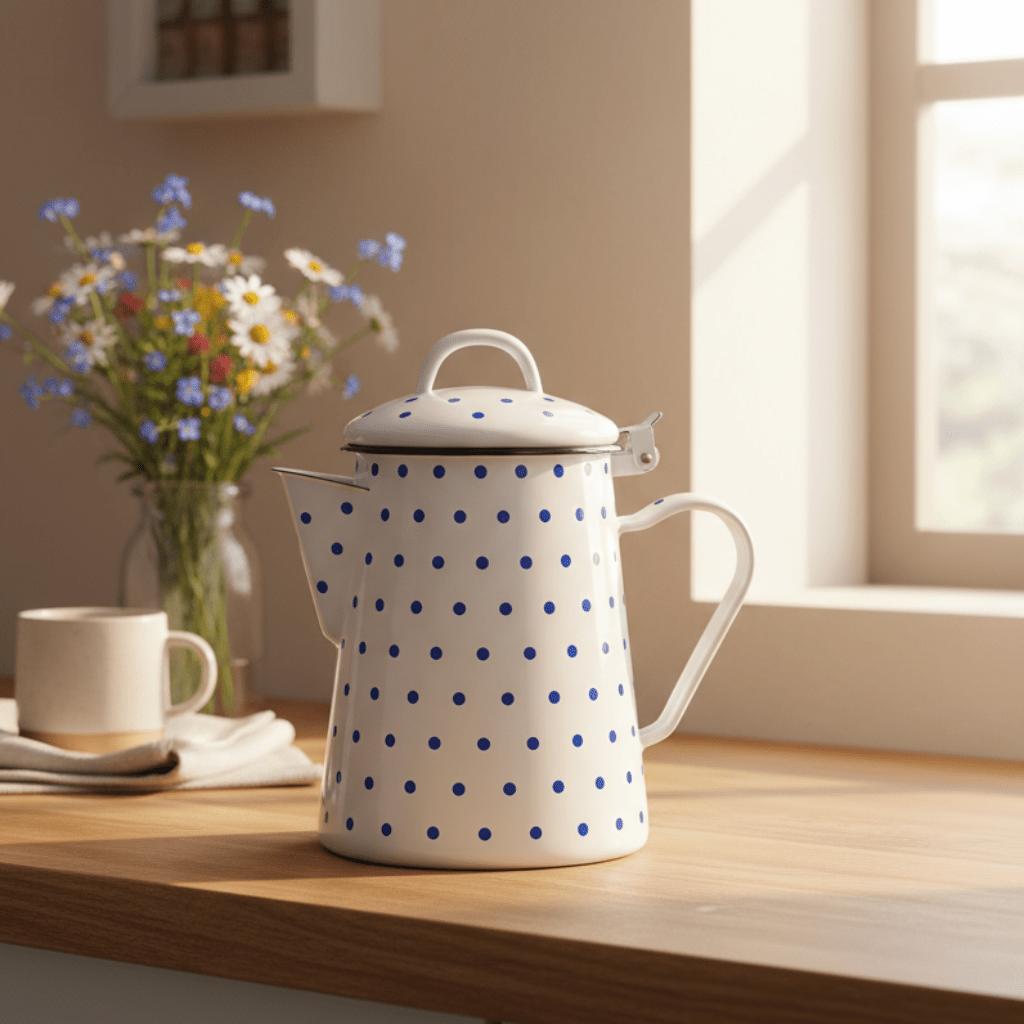 Velvet White Enamel Kettle with Blue Polka Dot Print — 1.8 Ltr - Al Kabayel Discount CentreVelvet White Enamel Kettle with Blue Polka Dot Print — 1.8 LtrTea/Coffee PotsVELVETAl Kabayel Discount Centre