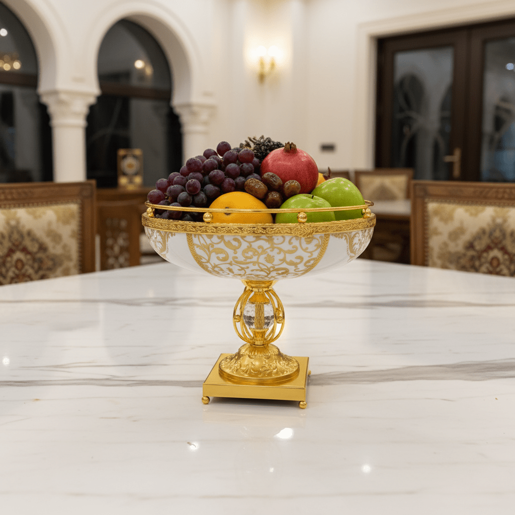 Veranese Luxury Golden Metal Footed White Ceramic Fruit Bowl Decorative Serving Bowl 28×22cm - Al Kabayel Discount CentreVeranese Luxury Golden Metal Footed White Ceramic Fruit Bowl Decorative Serving Bowl 28×22cmBowlsVERANESEAl Kabayel Discount Centre