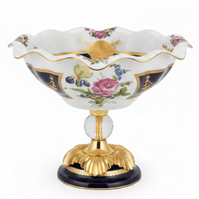 Veranese Premium Footed Ceramic and Metal Fruit Serving Bowl White and Navy Blue with Gold Floral Design 29×24 cm Elegant Centerpiece - Al Kabayel Discount CentreVeranese Premium Footed Ceramic and Metal Fruit Serving Bowl White and Navy Blue with Gold Floral Design 29×24 cm Elegant CenterpieceBowlsVERANESEAl Kabayel Discount Centre