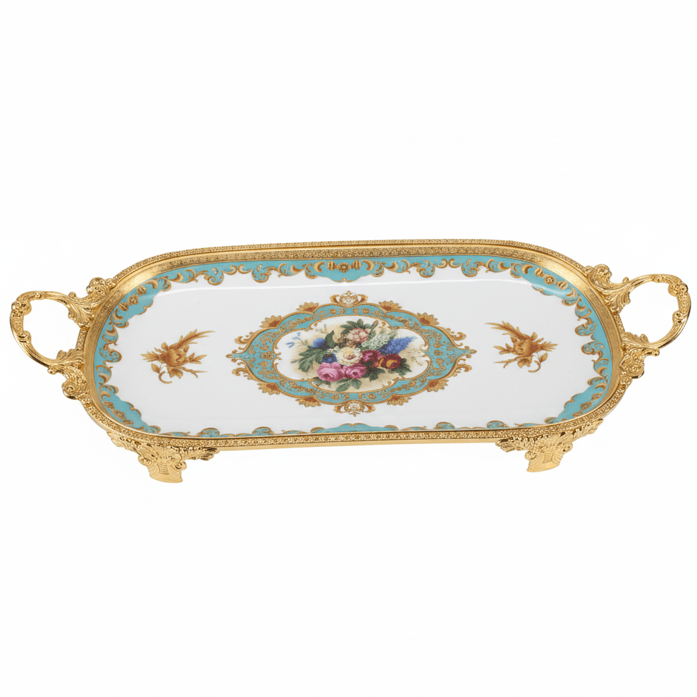 Veranese White Floral Oval Golden Metal Footed Ceramic Fruit Tray Flower Design Serving Dish 34×20cm - Al Kabayel Discount CentreVeranese White Floral Oval Golden Metal Footed Ceramic Fruit Tray Flower Design Serving Dish 34×20cmServing TraysVERANESEAl Kabayel Discount Centre
