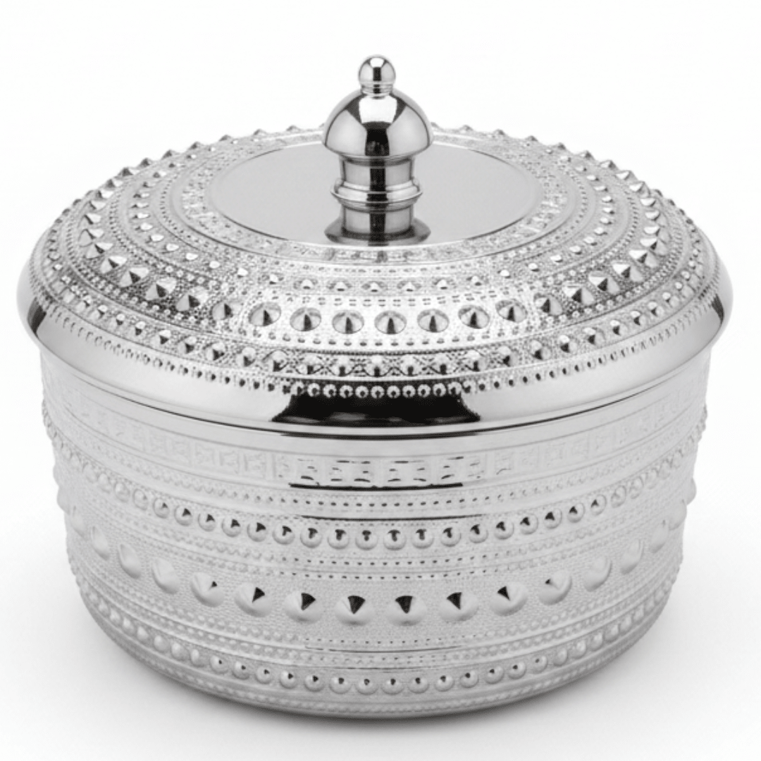 Verucci Elegant White Ceramic Dates Bowl with Silver Metal Stand & Lid – 8.5 Inch - Al Kabayel Discount CentreVerucci Elegant White Ceramic Dates Bowl with Silver Metal Stand & Lid – 8.5 InchJars & Food SaversVERUCCIAl Kabayel Discount Centre