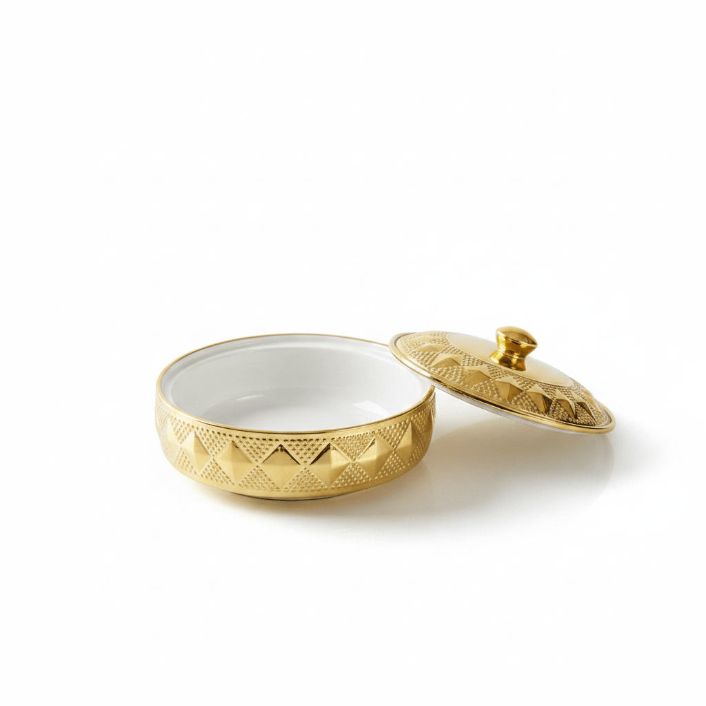Verucci Luxury Gold & White Ceramic Serving Bowl with Lid — 8 Inch / 9 Inch | Embossed Diamond Pattern | Elegant Tableware for Home & Hospitality - Al Kabayel Discount CentreVerucci Luxury Gold & White Ceramic Serving Bowl with Lid — 8 Inch / 9 Inch | Embossed Diamond Pattern | Elegant Tableware for Home & HospitalityBowlsVERUCCIAl Kabayel Discount Centre