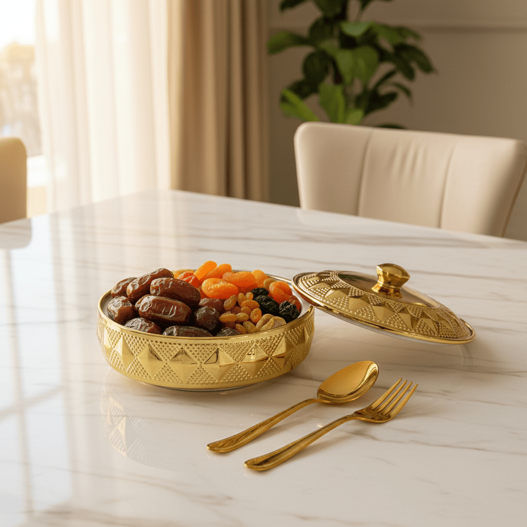 Verucci Luxury Gold & White Ceramic Serving Bowl with Lid — 8 Inch / 9 Inch | Embossed Diamond Pattern | Elegant Tableware for Home & Hospitality - Al Kabayel Discount CentreVerucci Luxury Gold & White Ceramic Serving Bowl with Lid — 8 Inch / 9 Inch | Embossed Diamond Pattern | Elegant Tableware for Home & HospitalityBowlsVERUCCIAl Kabayel Discount Centre